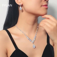fyuan shiny geometric zircon crystal necklace earrings sets water drop pendant necklace for women weddings bride jewelry