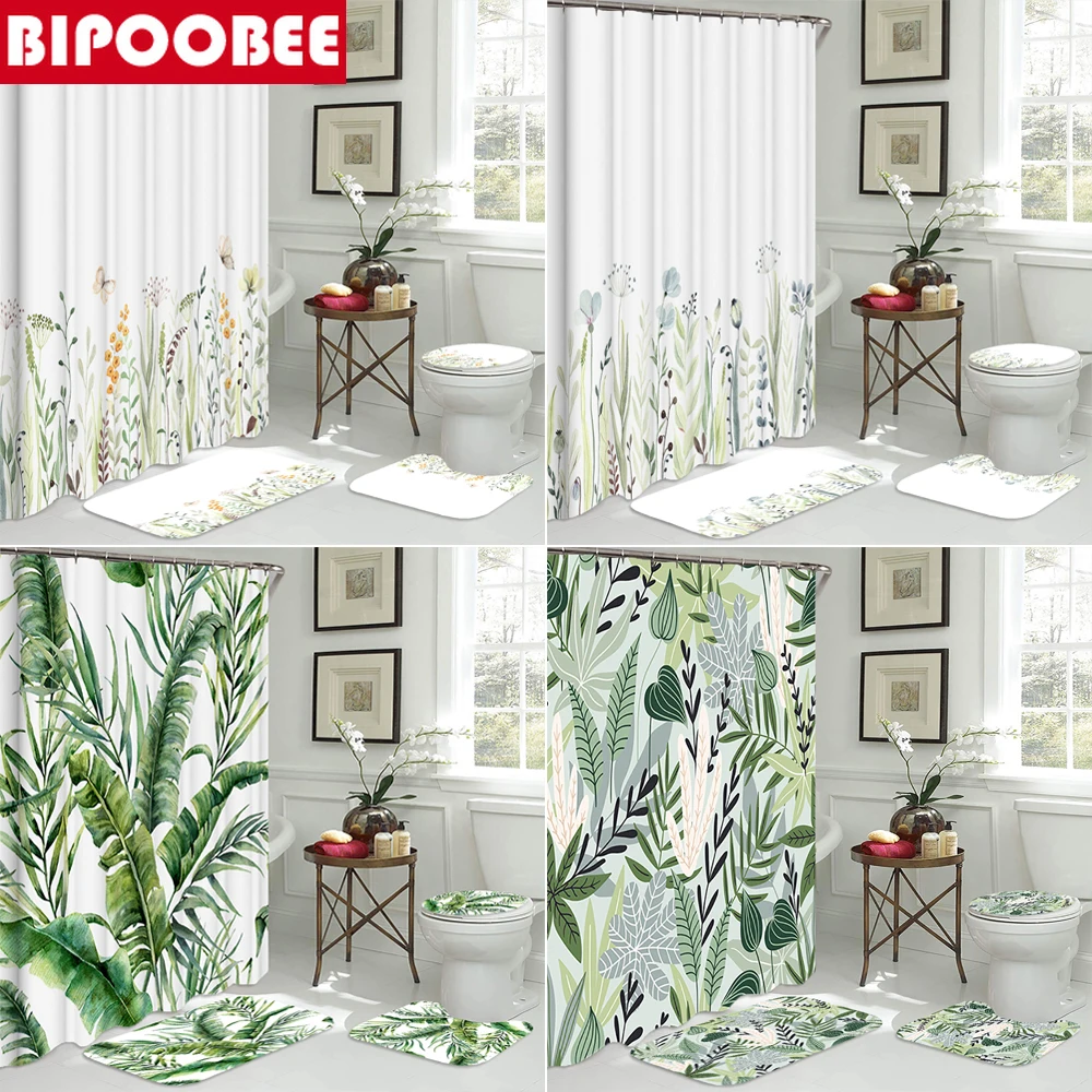 

Plant Leaves Flowers Shower Curtain Bathroom Curtains Set Toilet Cover Lid Non-slip Carpet Bath Mat Pedestal Rugs Home Decor