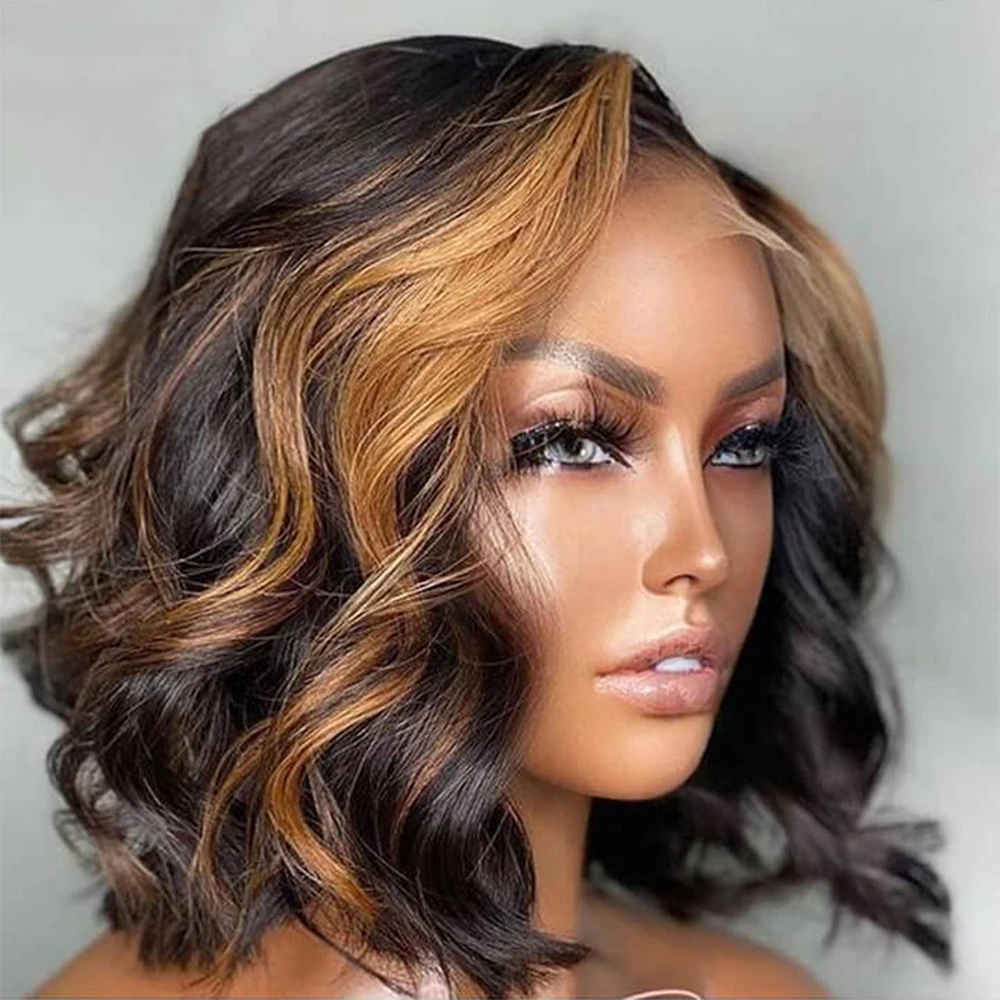 

13x6 Highlight Lace Front Wig Loose Wave Peruvian Remy Short Bob Human Hair Closure Wigs 180% Women Pre Plucked 13x1 T Part Wig