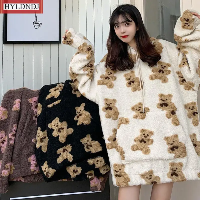 Ins Student Jacket Women Hooded Sweatshirt Lamb Wool Velvet Bear Hooded Sweater Loose Korean Lazy Style Autumn and Winter