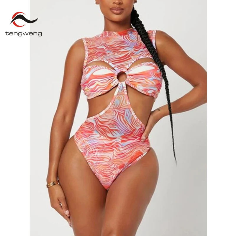 

Vintage High Neck One Piece Swimsuit Female 2022 Cut Out Swimwear Ring Linked Swimming Suit For Women High Cut Bathing Suits