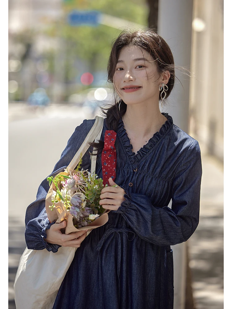 Элегантная джинсовая юбка с деревянными ушками платье длинными рукавами женское