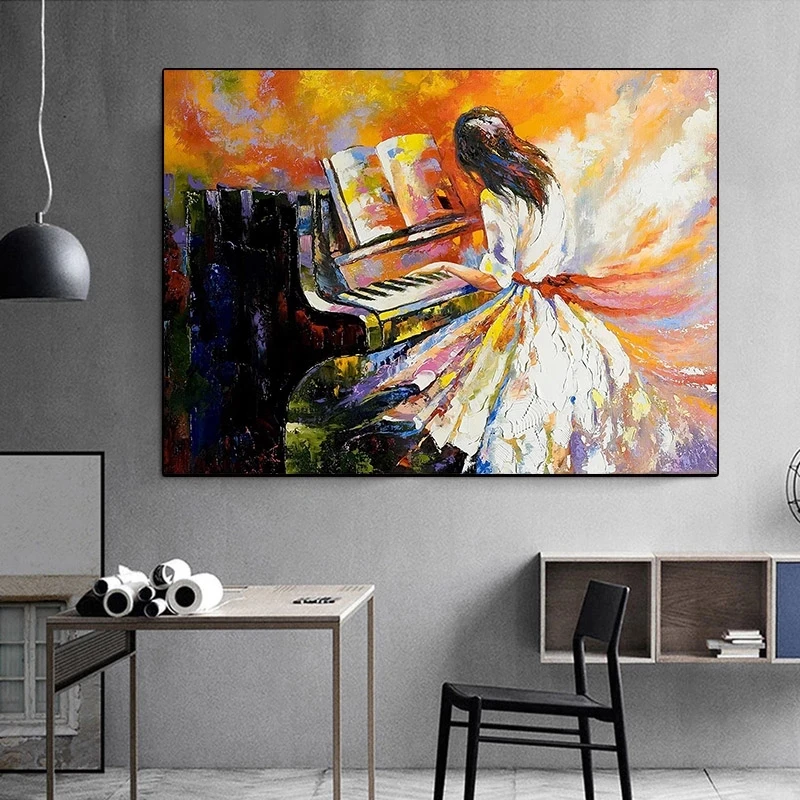 

Oil Painting Girl Play The Piano Canvas Painting Wall Art Pictures Cuadros Poster For Living Room Bedroom Background Home Decor