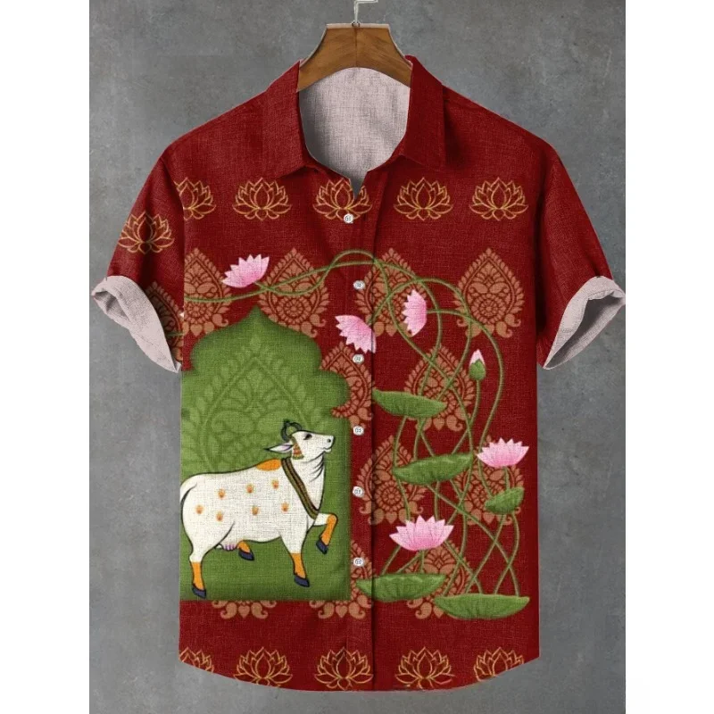 Мужская повседневная льняная рубашка с принтом индийской козы и лотоса в стиле