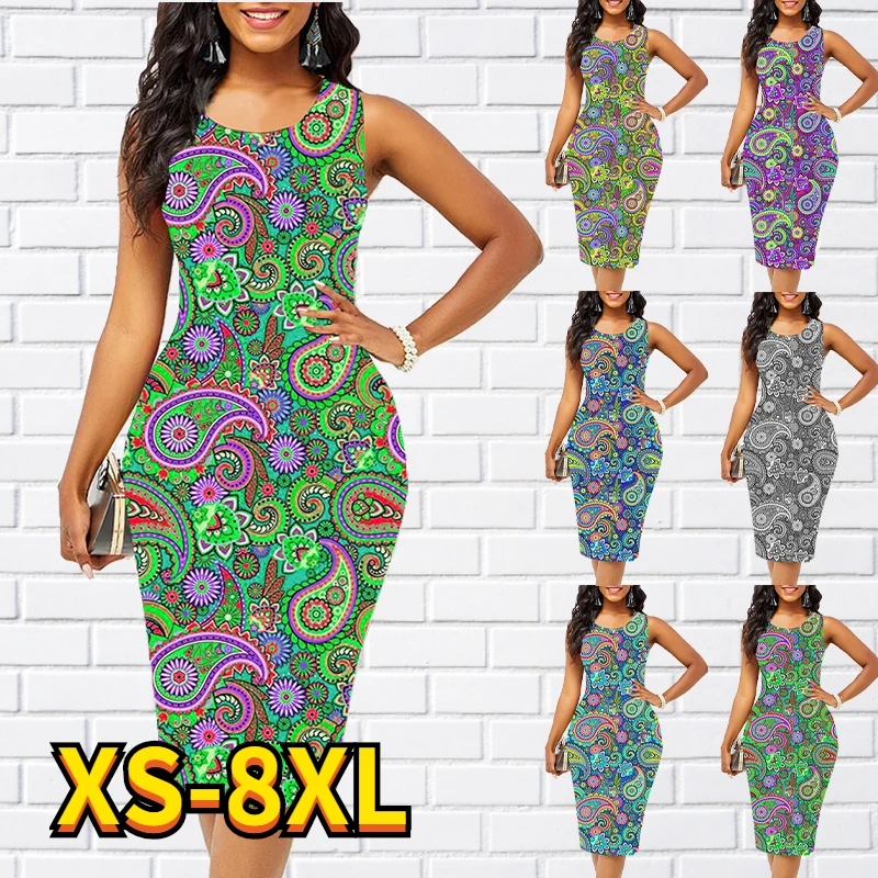 

New Women Straight Skirt Summer Round Neck Casual Classic Knee Length Dress Fashion Sleeveless Vintage Print Dress 2022 8XL