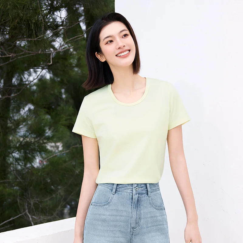 Фото Semir приталенная футболка женская летняя однотонная базовая с круглым вырезом белая крутая на ощупь повседневная удобная модная тонкая футболка №5