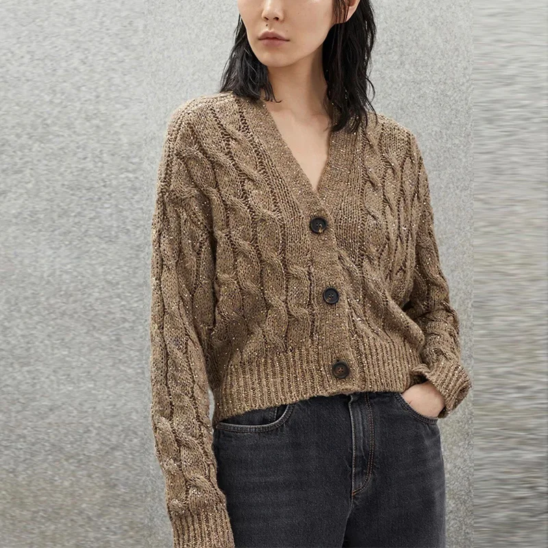 

2023 Early Autumn Solid Color Cardigan Elegent Long Sleeve Sequin Single Breasted Knitted Coat Women Fashion Loose Linen Outwear