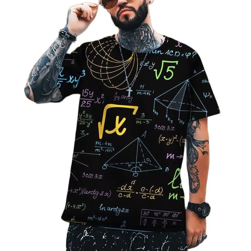 

2023 new mathematical formula fashion 3d printing round neck top casual men's T-shirt