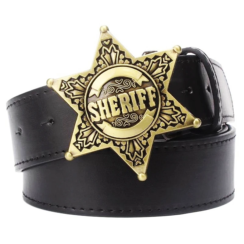 Fashion Belt Men Police Sheriff Badge Sign Hexagonal Six-point Star Metal Buckle Waistband Halloween Costume