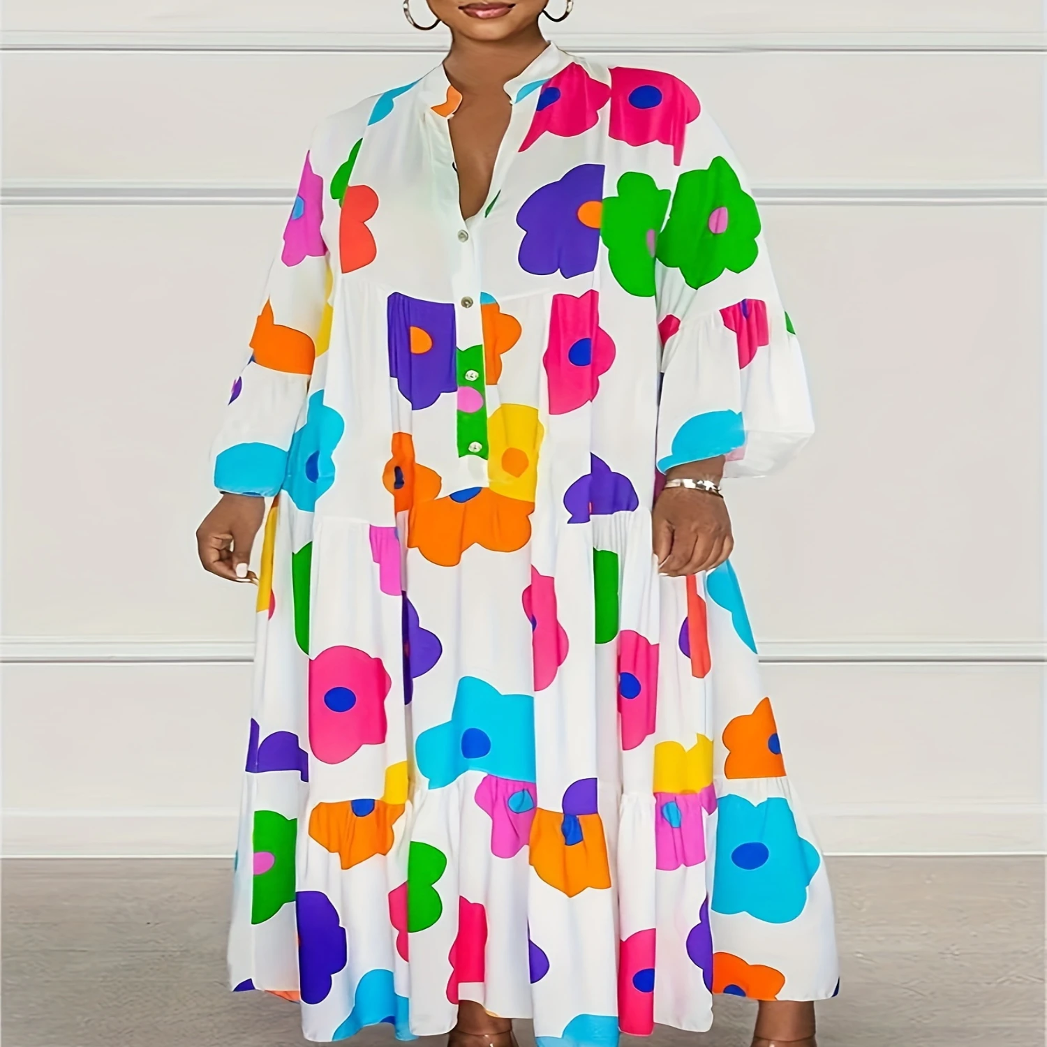 Plus Size Floral Haven Dress - Loose & Comfortable with Vibrant Prints Long Sleeve Button Front for Spring Fall Curvy Wome