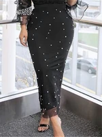 black pencil skirts long high waist slim thin mesh beading modest classy female package hip jupes falad office elegant fashion