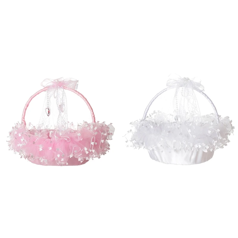 

Flower Girl Basket with Handle Small Satin Baskets with Lace Clear Heart Decor 37JB