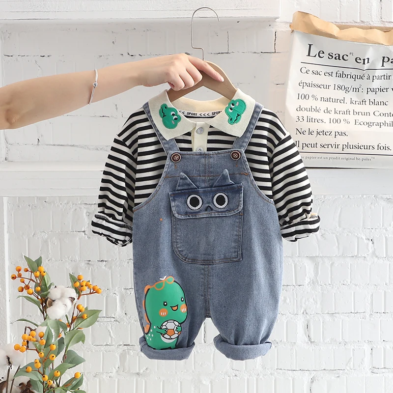 

2022 Spring Autumn Toddler Boy Girl Clothes Sets Baby Cute Cartoon Dinosaur Outfits Striped T-shirt+Denim Rompers Kids Clothing