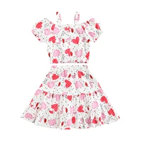 valentines day baby girls two piece suit toddler kids heart print short sleeve button sling crop tops ruffle hem midi skirts