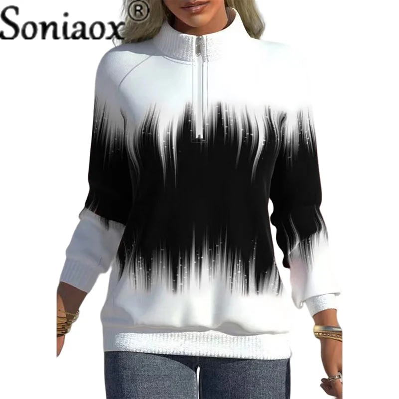 

Gradient Color Print Half High Neck Zipper Tops Elegant Women Cotton Warm Hoodie Commuter Long Sleeve Streetwear Sweatshirt 2022