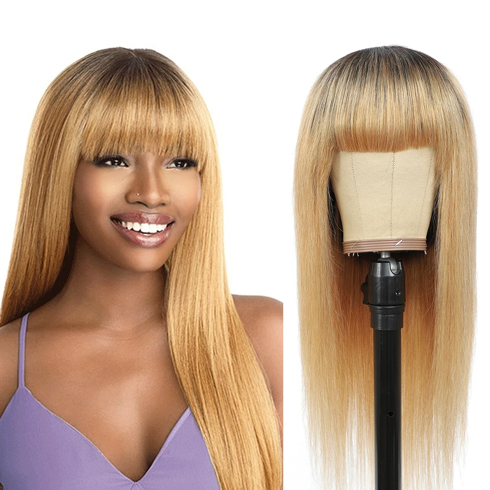 Human Hair Wig With Bangs Straight Hair Colored Ombre Honey Blonde Brazilian Hair Wig Full Machine Wigs For Women Non-Remy IJOY