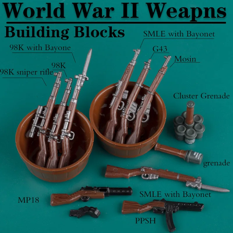 

Немецкие военные деревянные пистолеты WW2, строительные блоки, солдаты, оружие, фигурки, Soivet PPSH 98K SMLE IV Mosin G43, игрушки, подарок для мальчиков
