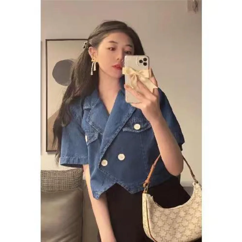 

Denim Blazers Women Fashion Double Breasted Asymmetrical Loose Solid Short Sleeve Crop Outwear Female Casual Retro Stylish Ins