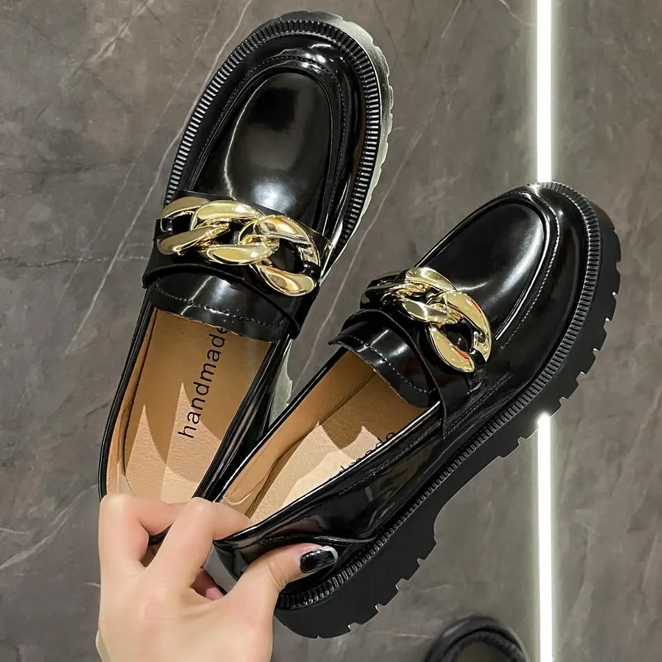 

Shoes For Women 2022 Spring New Leather Platform Loafers Single Shoes Fashion Casual Chain Retro Women's Small Leather Shoes