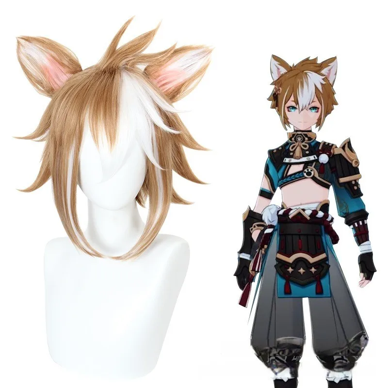 

Genshin Impact Gorou Wig Game Cosplay Props High-temperature Fiber Brown and White Short Hairstyle Headwear Holiday Accessories