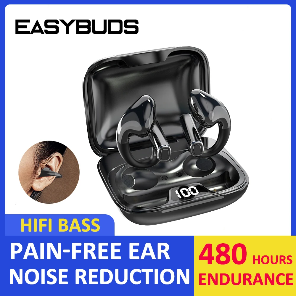 Беспроводные спортивные наушники EASYBUDS TWS, Hi-Fi наушники с объемным звуком, сабвуфером, Bluetooth 5,3, наушники с зажимом для ушей, с низкой задержкой...