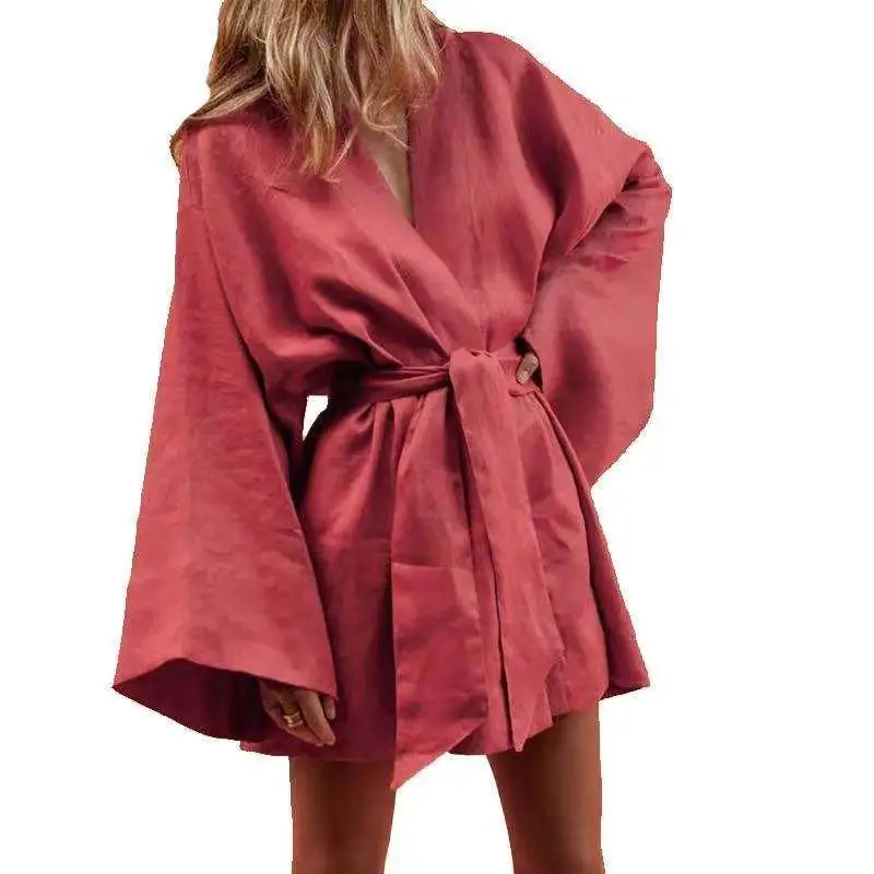 

Lace Up Women's V-Neck Kimono Cardigan Mini Dress Cotton Linen Long Sleeve Sashes Dresse Robe Style Summer Loose Vestidos