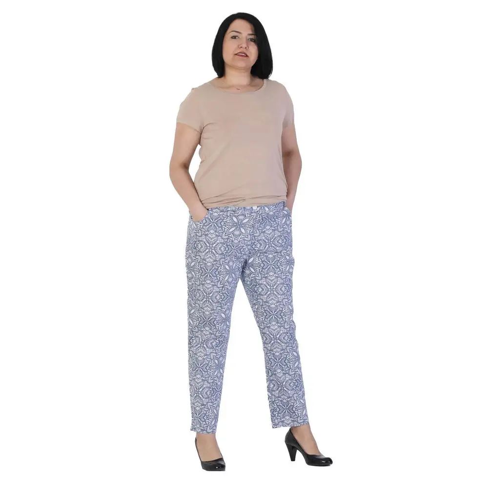 Fite women large size trousers CcLolit linen high waist flat leg zipper closure buttoned patterned navy blue