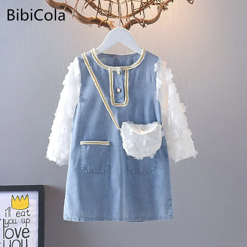 

New Fashion Girls Baby Dress Floral Denim Dress Children's Clothes Spring Autumn Long-sleeved Children's Casual Clothing 2-7Y