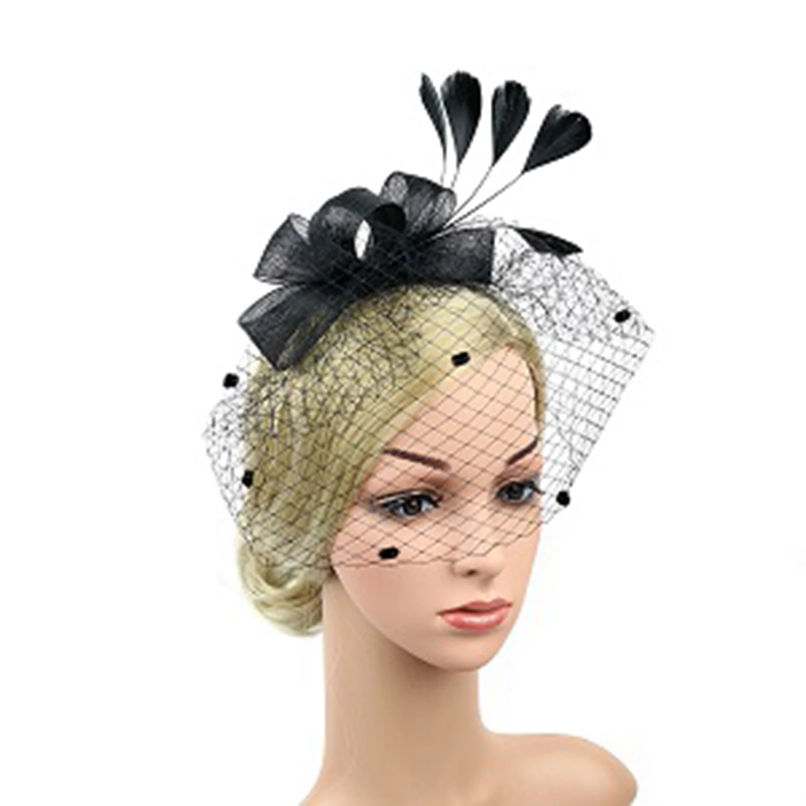 

Party Party Headband Hair Clip Set With Gloves Women'S Solid Feather Headgear + Wedding Photography Lace Gloves, Black/White