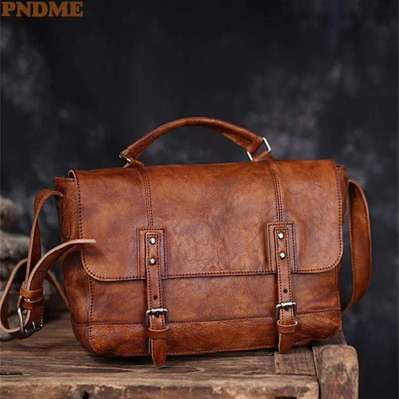 PNDME vintage high-quality natural genuine leather men's briefcases business work real cowhide handbag travel messenger bag
