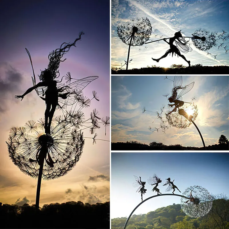 

Dandelion Fairy Decorative Garden Metal Elf Fairies Garden Decor Sculpture Sculpture Dandelion Dancing Elf Craft Decorations Art