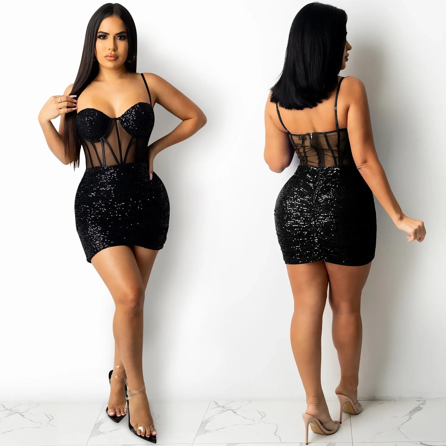 Women Mesh Patchwork High Side Split Sequin Bodycon Midi Backless Maxi Long Dress Sexy Night Party Spaghetti Strap Dress