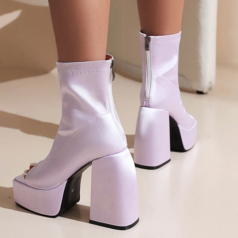 Soft Comfortable Peep Toe Shoes Boots for Women Square High Heel Platform Shoes Ankle Boots Daily Work Shoes Back Zipper 43