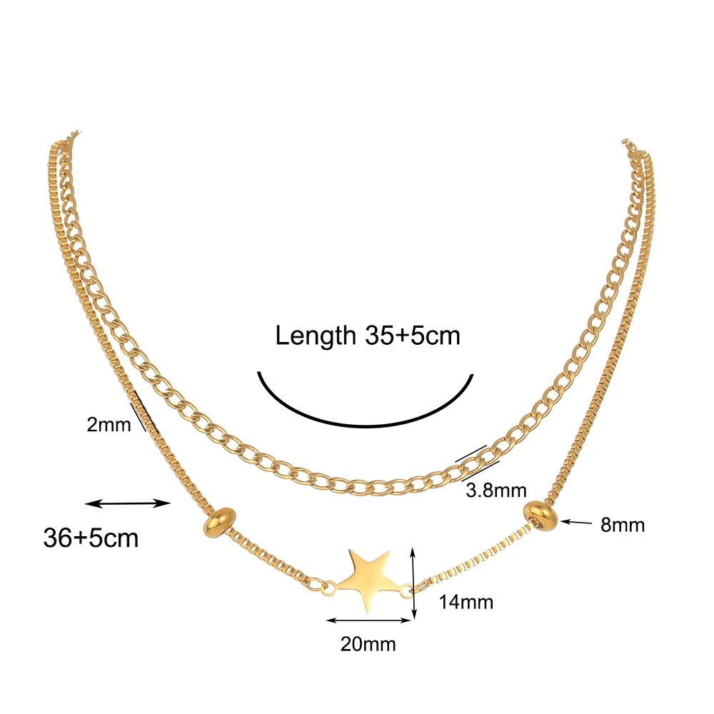 Women 2 Layer Choker Necklace Gold Color Chain Star Bead Pendant Stainless Steel Fashion Jewelry