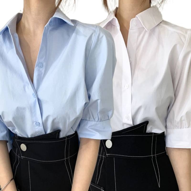 

Women Half Sleeve Shirt Lapel Button Down Back Pleated Irregular Blouse Crop Top