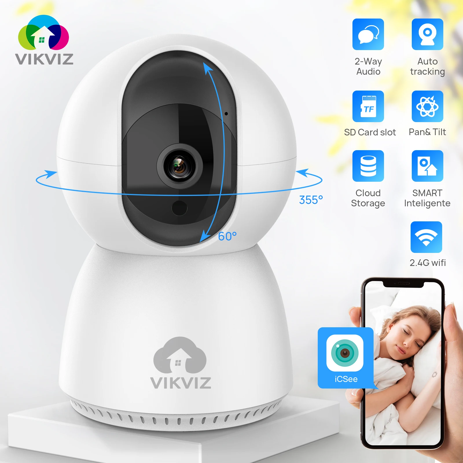 

VIKVIZ Wireless IP Camera 2MP 3MP HD PT IR Camera WIFI Rotatable 2-Way Audio Alarm Detect Indoor Video Surveillance for Home