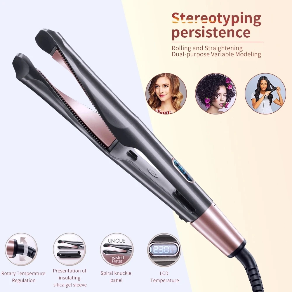 Spiral Twist Straightener Rotary Bevel Twist Rod Wave Auto Curling Electric Hair Styling LCD Display Temperature Control Splint