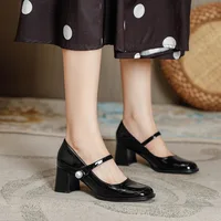 Fashion Luxury Square Heel Round Toe  Women High Heels Womans Shoes Office Work Lady Black Heels Leather