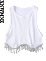 xnwmnz 2022 woman fashion black white seamless crop top with rhinestones women vintage elegant summer tassel rhinestones vest