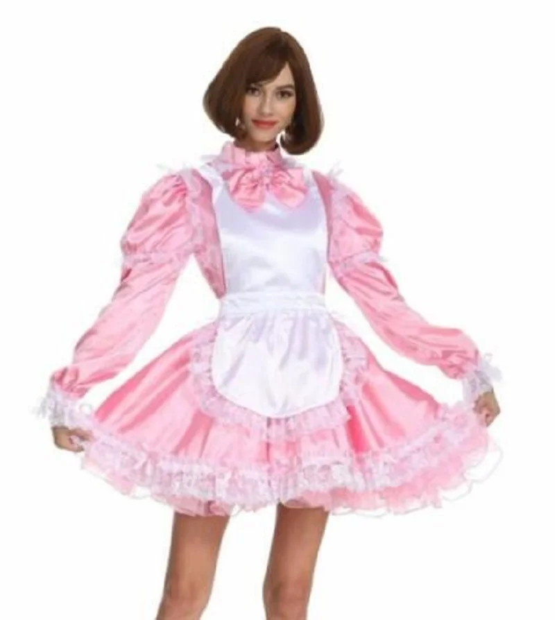 

Lockable Sissy Maid Satin Long Sleeved Short Skirt Organza Dress Pink Custom