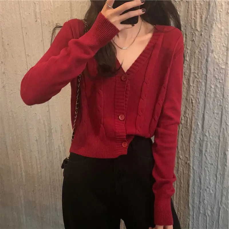 

Red Ladies Cardigans Long Sleeve Knitted Sweater Women Korean Vest Sweaters Female Jumpers Cardigan Jacket with Buttons Tops