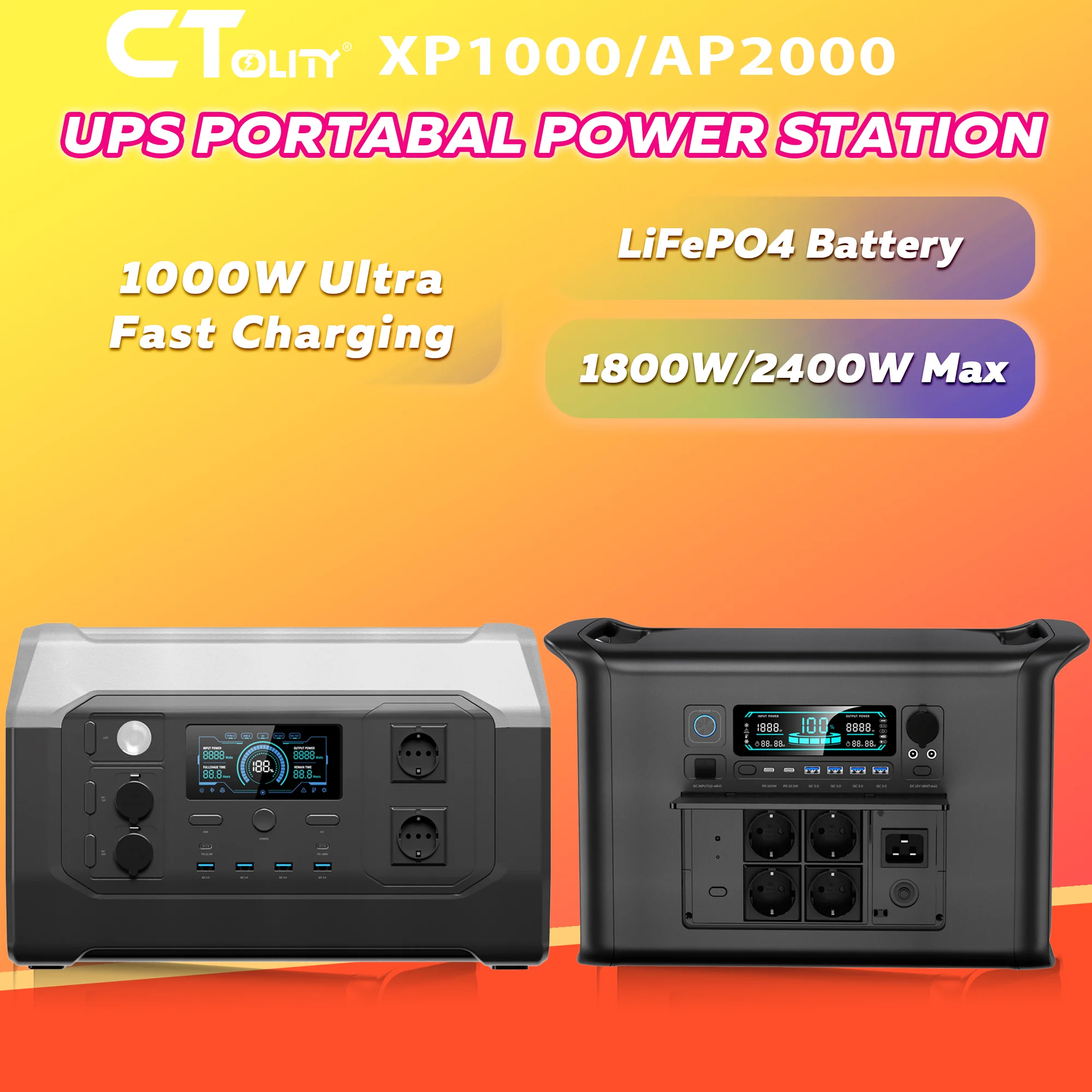 Фото Портативная электростанция CTOLITY 1800W/2400W, 1024Wh/2048Wh, солнечный генератор, источник питания для кемпинга, LiFePO4 аккумуляторы №1