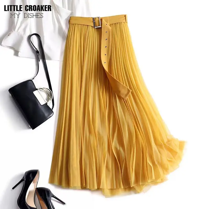 

Women Spring Autumn Summer Elegant Chic Solid Pleated Skirt High Waist Luxury Fashion with Elastic Female Skirt Cute Clothes
