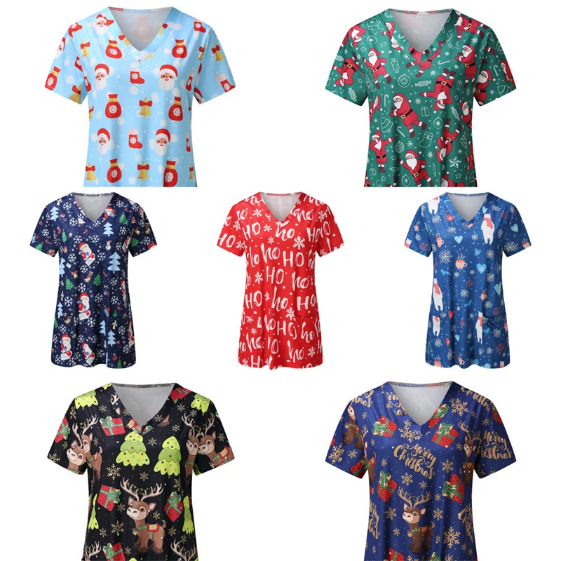 Женская униформа медсестры рабочая футболка с принтом С Рождеством коротким