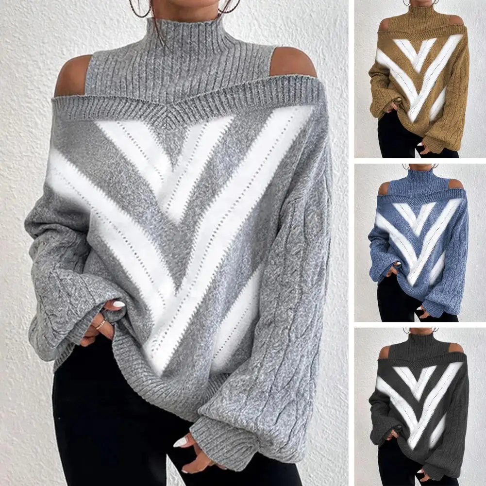 

Women Turtleneck Kint Loose Sweater Cold Shoulder Long Sleeves Knitwear Jumper Autumn Winter Geometric Patchwork Color Pullover