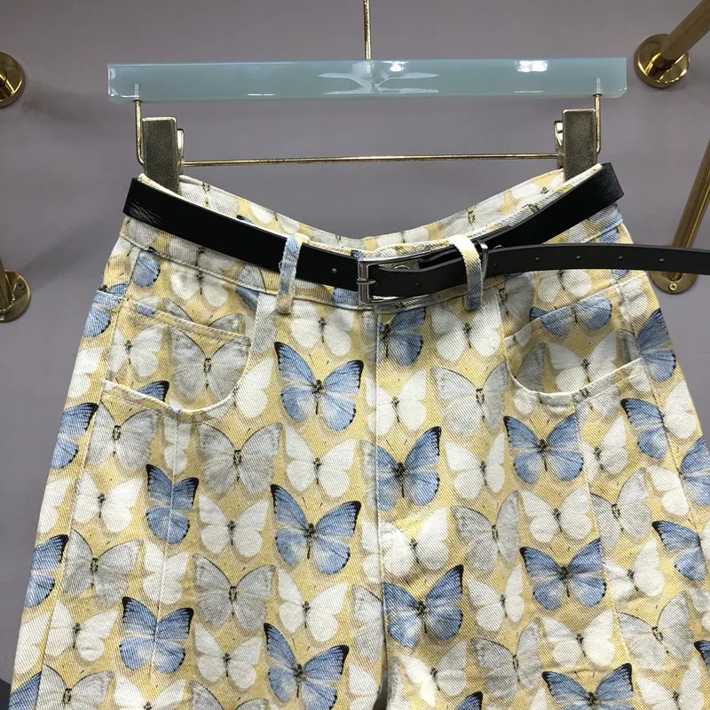 European Station 2023 Spring New Fashion Butterfly Print Pleated Jeans Fashion Women's Loose Slimming Ankle-Tied Harem Pants