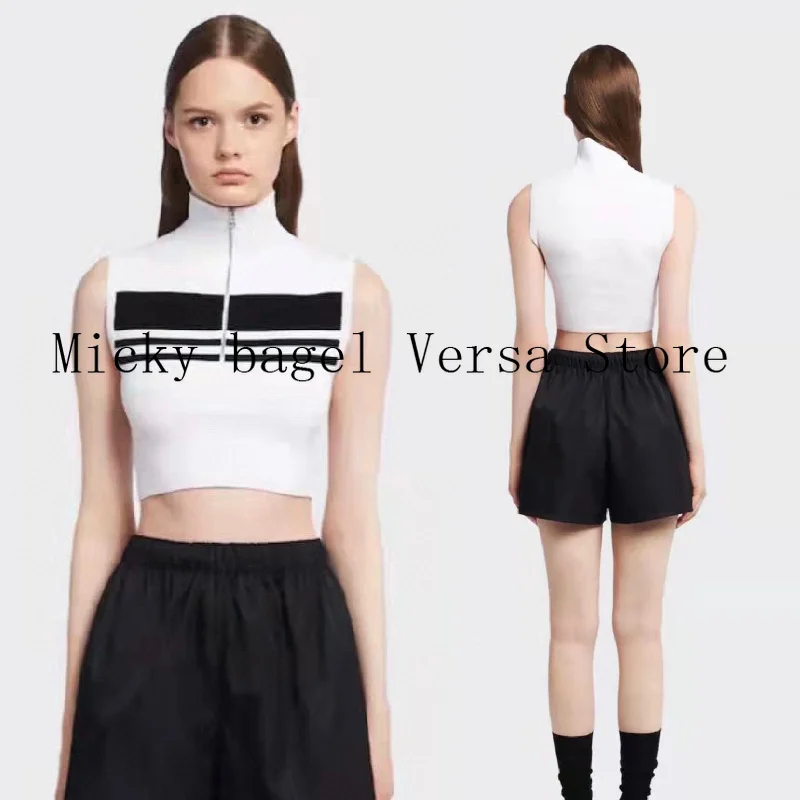 

2022fashion new stripe stitching women's T-shirt high quality stand collar sleeveless women's T-shirt women's top woman tshirts