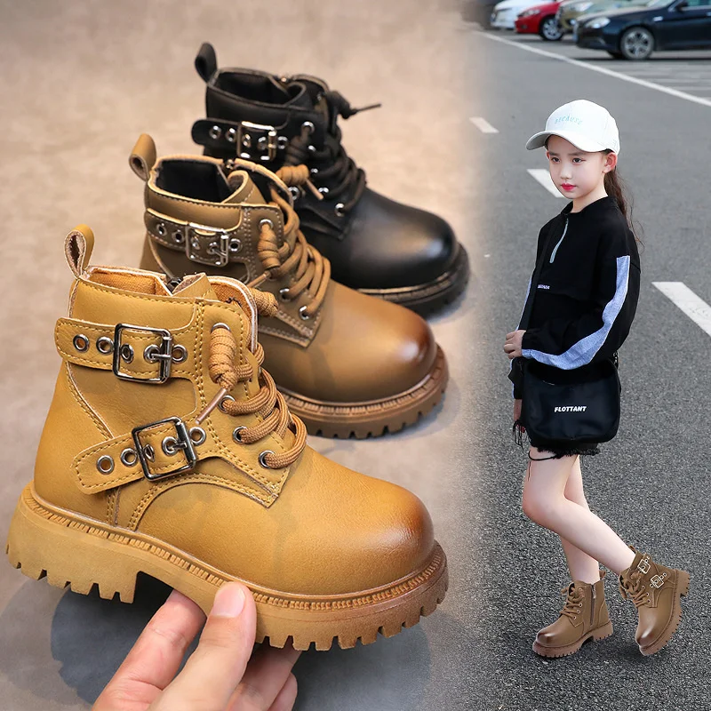 

New Solid Kids Fashion Boots Buckle Vintage PU Leather Non Slip Boys Girls Ankle Shoes British Zipper Children Short Boots