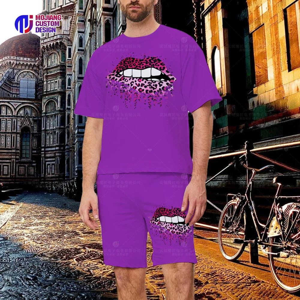 2023 Leopard Print Lip T-Shirt Shorts, Men's New Spring And Summer Casual Round Neck Shirt + Pants Two-Ppiece Suit