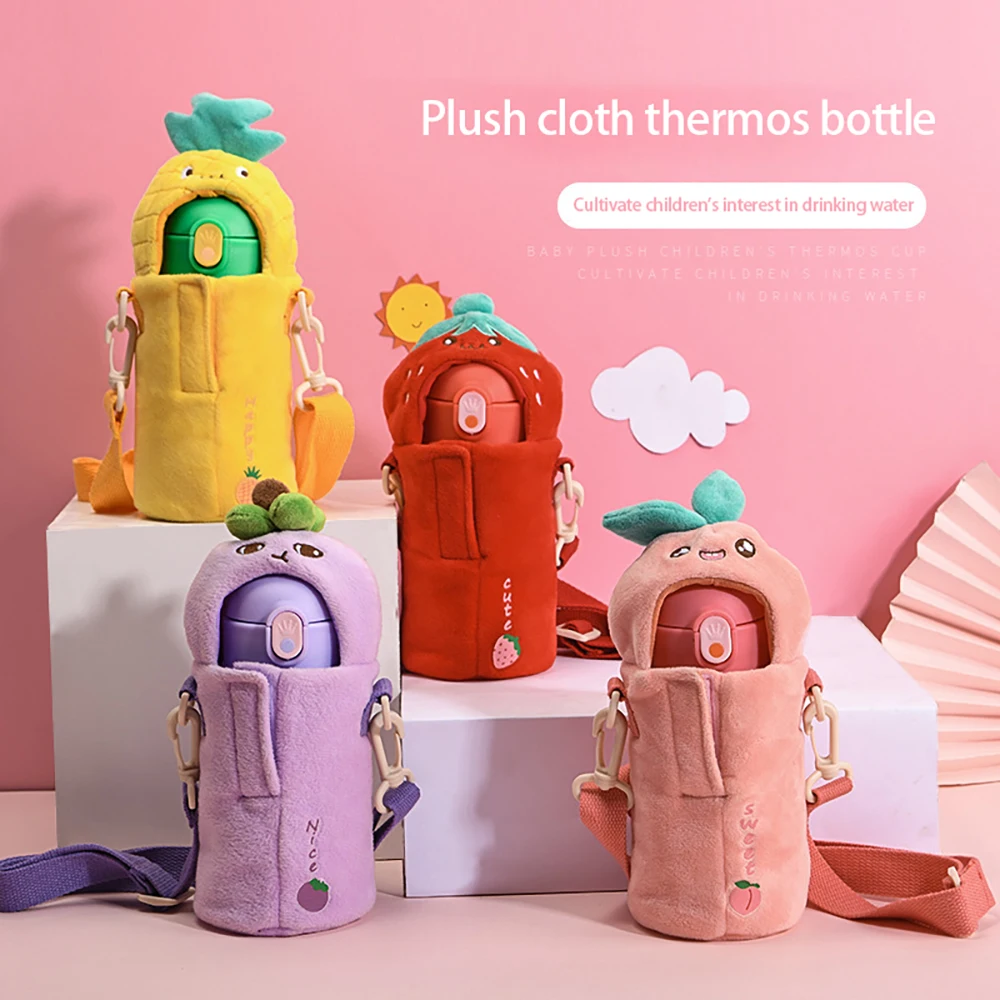 

Top Cute Stainless Steel Thermos 400ML Stretch Straw Lid With Cartoon Plush Cup Cover Stainless Steel Vacuum Water Bottle